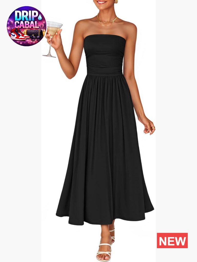 Polyester Elastane Strapless Ruched Midi Dress A-Line Sleeveless